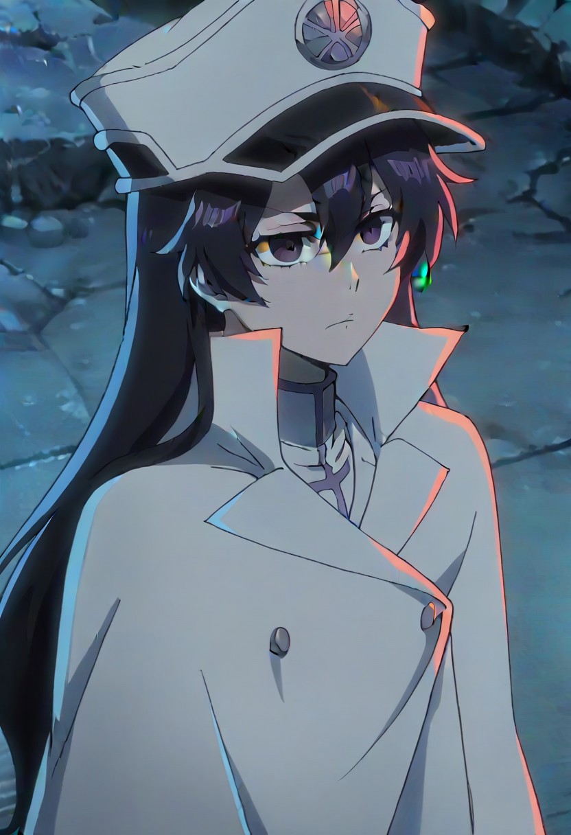 source_anime, anime screencap, anime coloring, nsfw, uncensored, <lora:Bambietta_Basterbine:1>Long hair, black hair, hair between eyes, dark purple eyes,, hat, peaked cap, white headwear, white gloves,