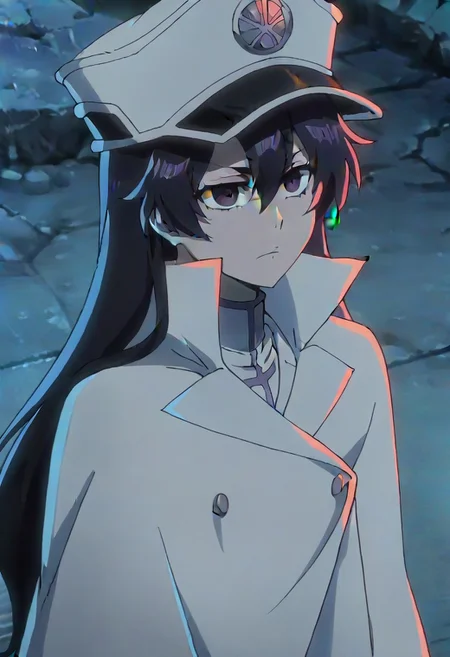 source_anime, anime screencap, anime coloring, nsfw, uncensored, <lora:Bambietta_Basterbine:1>Long hair, black hair, hair between eyes, dark purple eyes,, hat, peaked cap, white headwear, white gloves,