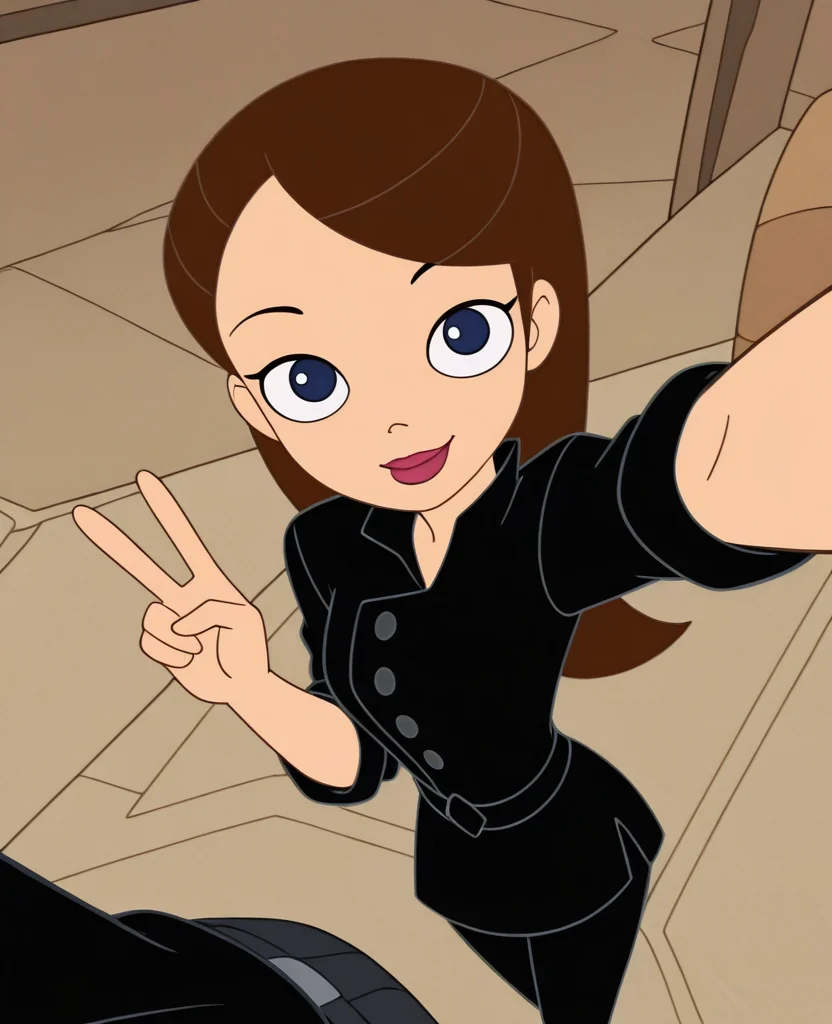 absurdres, highres, <lora:Vanessa_PF_ILLUS:0.8>, vn1, official style, official art, black shirt, buttons, sleeves rolled up, pants, blue eyes, brown hair, long hair, red lips, looking at viewer, smile, outstretched arm, selfie, from above, v
