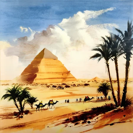 grabianski egypt view of the pyramids and desert, light blue sky with clouds <lora:grabianski:1>