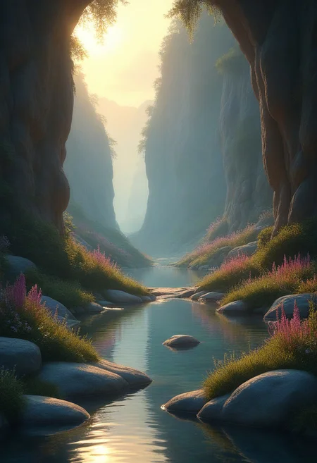 A serene fantasy landscape with intricate detail, soft lighting casting a warm glow over rolling hills and dense forests. The mood is peaceful yet magical, from a low-perspective angle that emphasizes vastness and wonder. The setting includes crystal-clear streams, vibrant wildflowers, and ethereal creatures floating above. Textures like smooth stone, detailed plant life, and reflective water surfaces add depth. Genres blend seamlessly into the scene's natural beauty with no overtly sexual elements. This prompt ensures a balance of detail and creativity to bring the image to life.