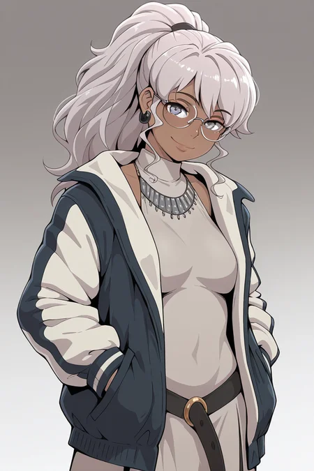 masterpiece, best quality, amazing quality,
<lora:Naomi_IL:1> 1girl, solo, glasses, jewelry, hands in pockets, ponytail, long hair, smile, necklace, dark skin, dark-skinned female, earrings, jacket, grey eyes, looking at viewer, standart outfit