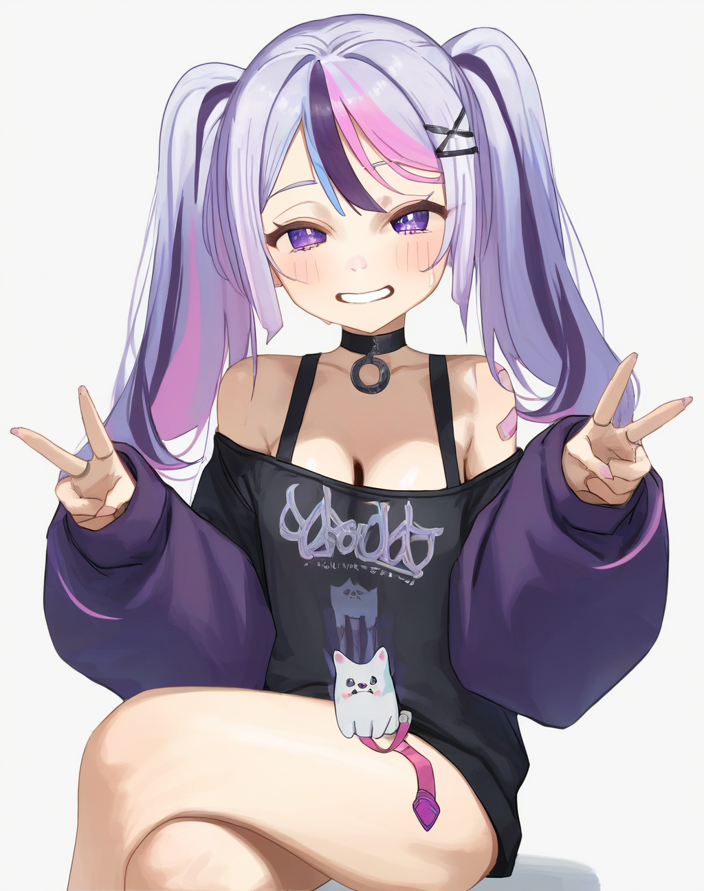 score_9, score_8_up. score_7_up,  uncensored, <lora:syhan:1>, syhan, score_9, syhan, 1girl, purple eyes, multicolored hair, double v, twintails, smile, crossed legs, x hair ornament, looking at viewer, streaked hair, sitting, white background, long hair, black choker, black shirt, small breasts, hairclip, simple background, purple hair, grin, off shoulder, long sleeves, thighs, blush, bare shoulders, pink hair, cleavage, grey hair, bandaid