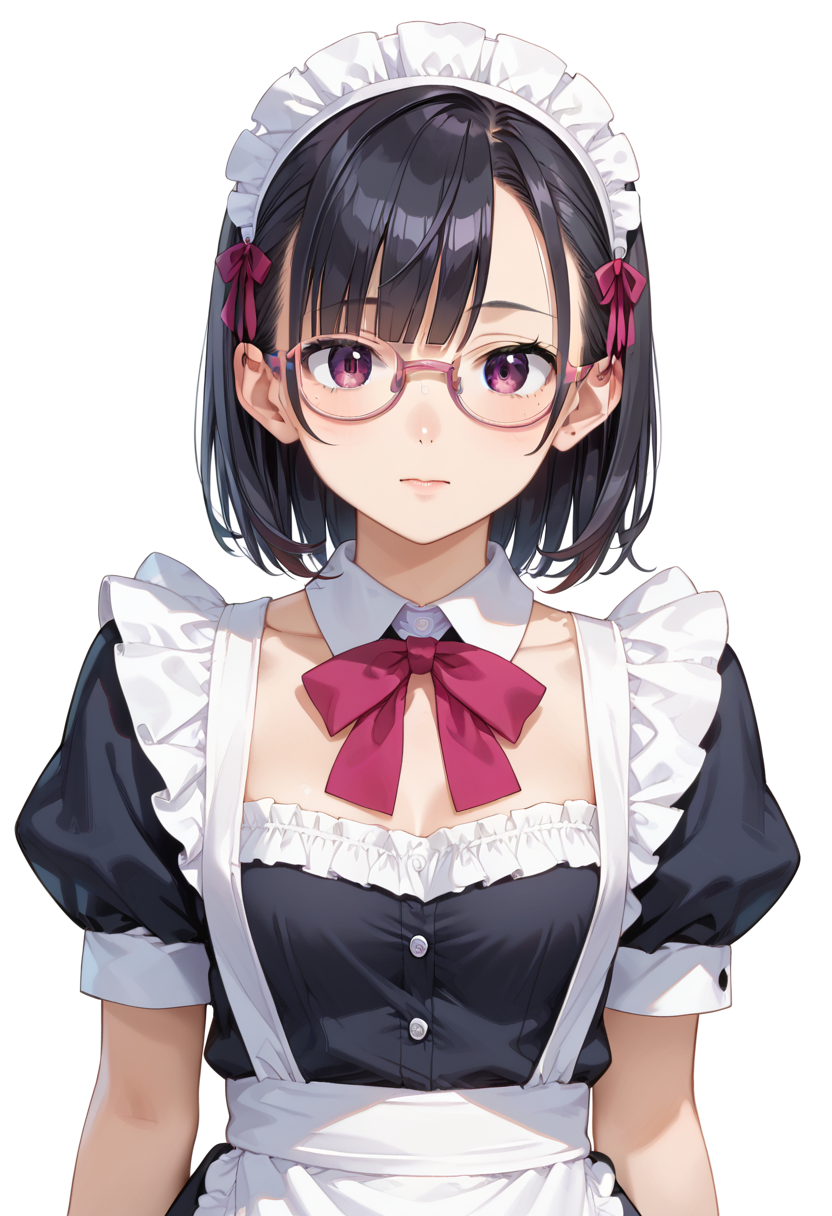score_9, score_8_up, score_7_up, rating_safe, masterpiece, best quality, absurdres, unity 8k wallpaper, official art, official style, source_anime, uncensored, game cg, megami magazine,
1girl, solo, black hair, medium hair, upper body, covered eyes,maid, maid headdress, black dress, maid apron, face focus,
oval_metal, glasses, still life, white background, simple background, pink-framed eyewear,
 <lora:glasses_OvalMetal2_PONY_V1:1>