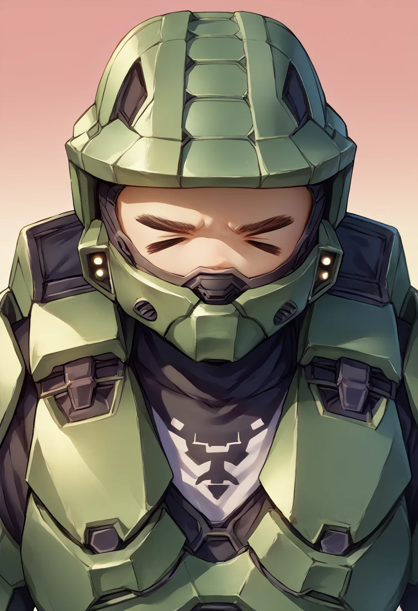 score_9, score_8_up, score_7_up, source_anime, 1boy, > <, closed eyes, <lora:Excitement_Expression_XLPD:1.8>, <lora:masterchief-halo-richy-v1_pdxl:0.8> masterchief, helmet, visor, power armor