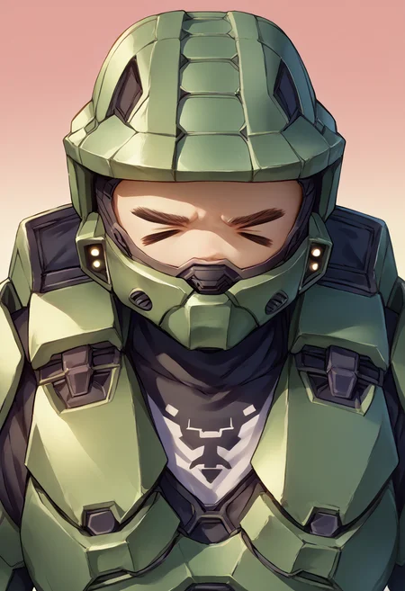 score_9, score_8_up, score_7_up, source_anime, 1boy, > <, closed eyes, <lora:Excitement_Expression_XLPD:1.8>, <lora:masterchief-halo-richy-v1_pdxl:0.8> masterchief, helmet, visor, power armor