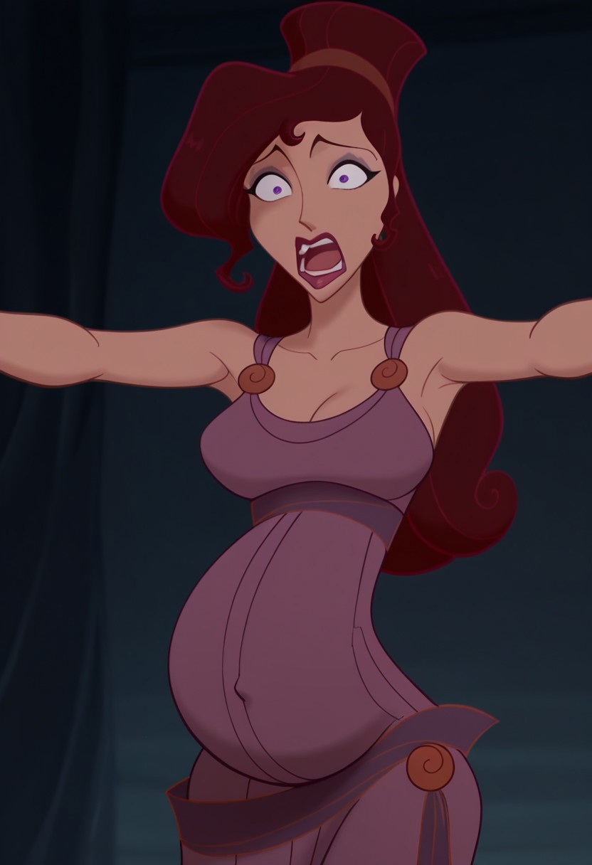 1girl, masterpiece, best quality, amazing quality, absurdres, <lora:Megara__Illustrious:1> m3g4r4, megara (hercules disney), long hair, tied hair, brown hair, purple eyes, purple Greek dress, cleavage, sexy makeup, lipstick, pregnant, arms stretched apart, suprised, shocked, looking at her tummy,