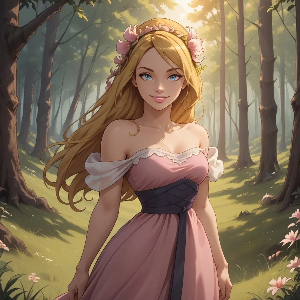 score_9, score_8, BREAK, solo, blonde hair, long hair, flower hairband, blue eyes, pink lips, lipstick, pink long dress, off shoulder dress, breasts, barefoot, Giselle_(Enchanted), cute, sexy pose, self portrait, smile, outdoors, sunlight, shadows, evening lighting, natural lighting, forest, trees, grass, orange sky, sunset