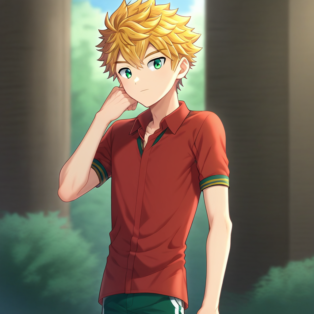 solo, 1boy, green eyes, blonde hair, solo focus, short hair, proportional, bangs