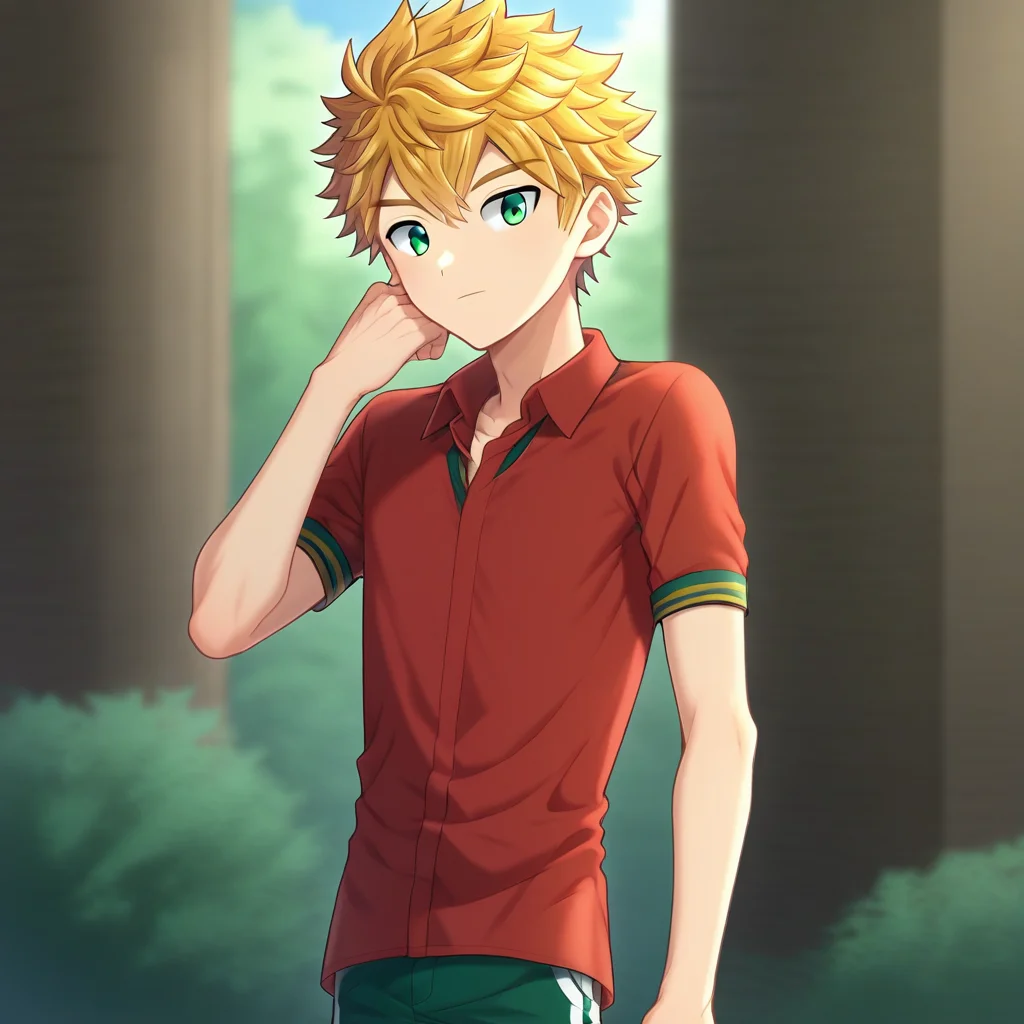 solo, 1boy, green eyes, blonde hair, solo focus, short hair, proportional, bangs