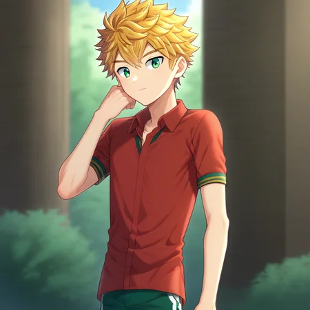 solo, 1boy, green eyes, blonde hair, solo focus, short hair, proportional, bangs
