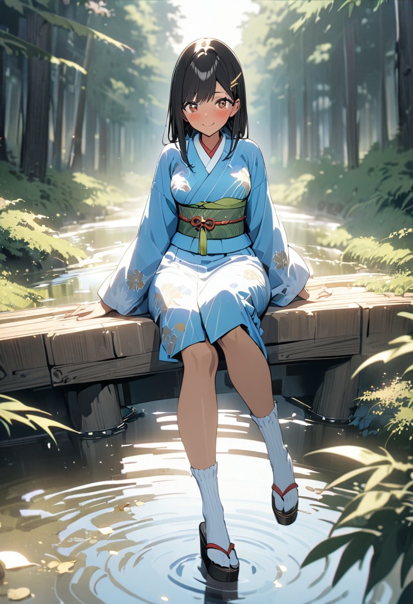 gorgeous lips, cinematic, (masterpiece), (best quality), (ultra-detailed), very aesthetic, illustration, perfect composition, intricate details, absurdres, detailed face, (anime, masterpiece, intricate:1.3), (best quality, hires textures, high detail:1.2), perfect hands, brown eyes,
1girl, very long black hair, straight hair, side swept bangs, medium breasts, perfect eyes, 8k, highest quality, ultra details,1girl, solo, perfect brown eyes
,(japanese clothes, pastel blue kimono, fancy print, kimono, green sash, wide sleeves, obi) white socks, sandals, gold leaf hair clip, sitting on a wooden dock, 
in a calm reflective lake, in a pine tree forest, noon time, summer season,fluffy clouds in the sky, 
cinematic lighting, blush, smile, happy, looking at viewer, sparkling eyes, photoshoot, full body shot, dolly shot,