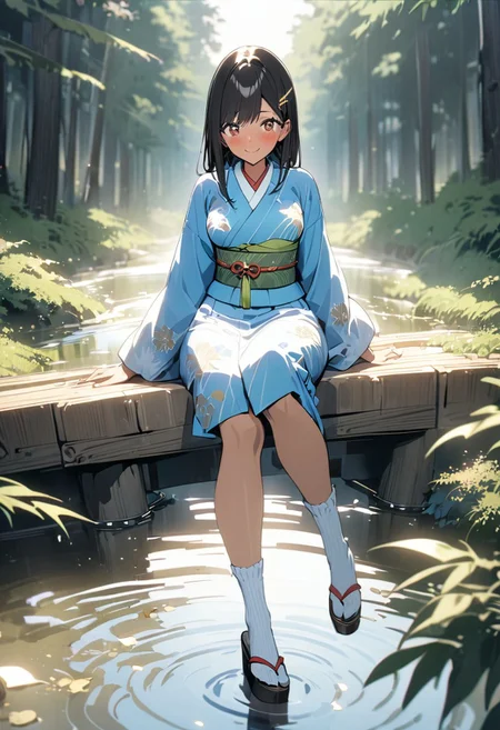 gorgeous lips, cinematic, (masterpiece), (best quality), (ultra-detailed), very aesthetic, illustration, perfect composition, intricate details, absurdres, detailed face, (anime, masterpiece, intricate:1.3), (best quality, hires textures, high detail:1.2), perfect hands, brown eyes,
1girl, very long black hair, straight hair, side swept bangs, medium breasts, perfect eyes, 8k, highest quality, ultra details,1girl, solo, perfect brown eyes
,(japanese clothes, pastel blue kimono, fancy print, kimono, green sash, wide sleeves, obi) white socks, sandals, gold leaf hair clip, sitting on a wooden dock, 
in a calm reflective lake, in a pine tree forest, noon time, summer season,fluffy clouds in the sky, 
cinematic lighting, blush, smile, happy, looking at viewer, sparkling eyes, photoshoot, full body shot, dolly shot,
