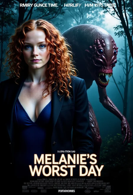 dark, horror, A photorealistic horror movie poster. The left side of the image features an upper-body shot of FictionalMelanie with red curly long hair and blue eyes wearing a blue plunging vneck camisole under a black jacket. She is looking at viewer with concerned expression for help. The right side of the image behind her a terrifying insectoid monster of eldritch horror roaming around searching for her. The monster is obscured by shadows and a dense fog, barely visible with its ugly and deformed head and multiple black eyes and a split-jaw and elongated thin arms. The scene is in the middle of a dark, dense, foggy night forest dimly illuminated by pale and ominous moonlight. The movie title 'Melanie's worst day' written at the bottom of the image in faintly glowing font. (Production credits below the movie title.:1.2) aidmatextimprover, cleavage