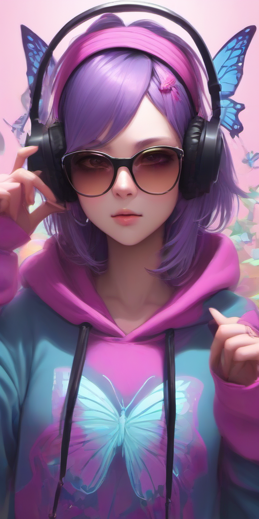 Masterpice,High Quality,portrait,photorealistic,realistic,
 <lora:PE_ButterflyLady:0.7> PEButterflyLady, 
wearing a hoodie,headphones,sunglasses,