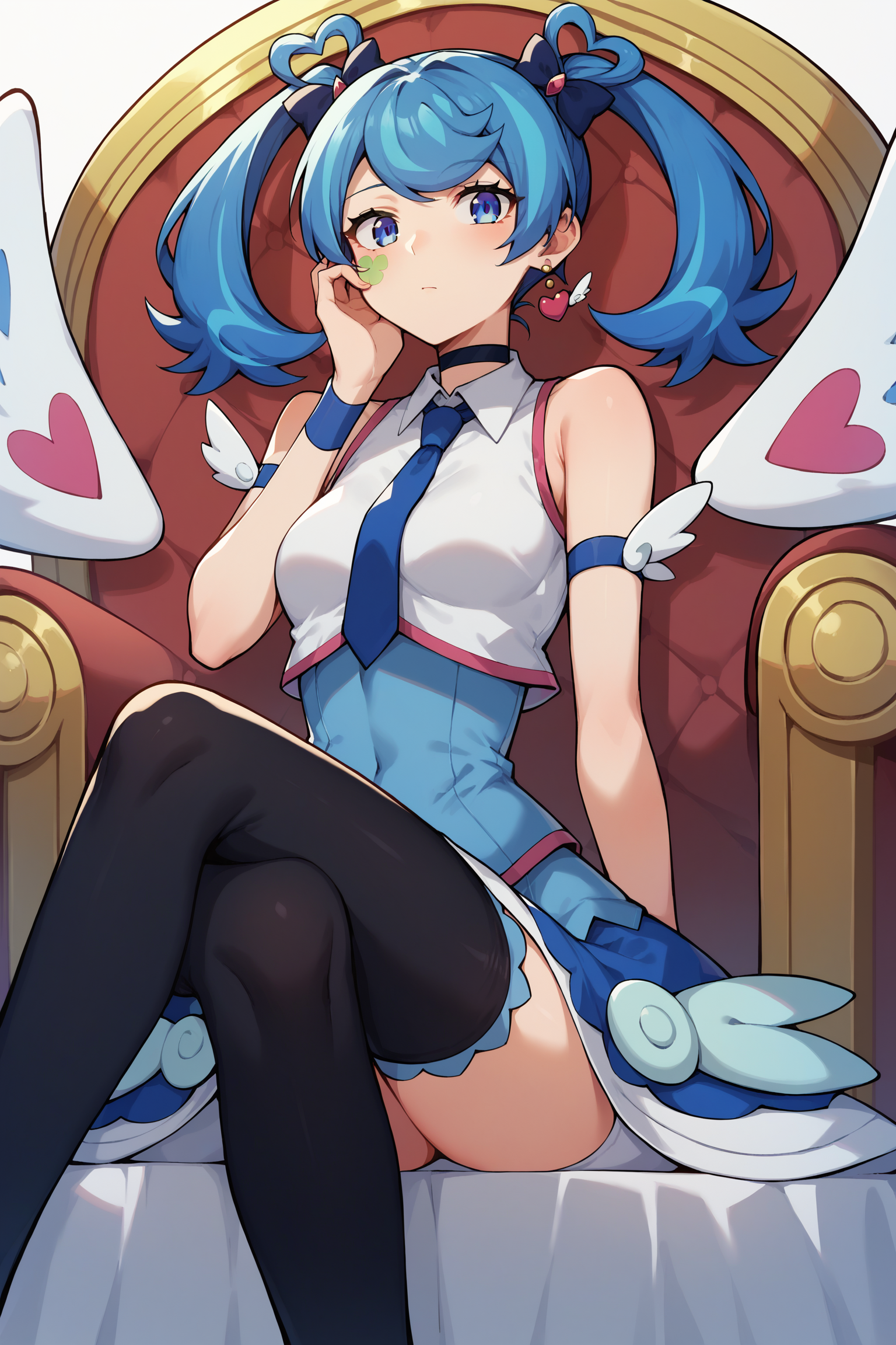 score_9,score_8_up,score_7_up,score_6_up,score_5_up,score_4_up, source_anime, aaangel, twintails, blue hair, hair bow, blue bow, blue eyes, facial mark, heart earrings, wings, heart, choker, blue necktie, sleeveless shirt, white shirt, arm strap, blue skirt, black thighhighs, <lora:blue_angel_XL_v1:0.8>, throne, sitting, crossed legs, hand on own cheek,