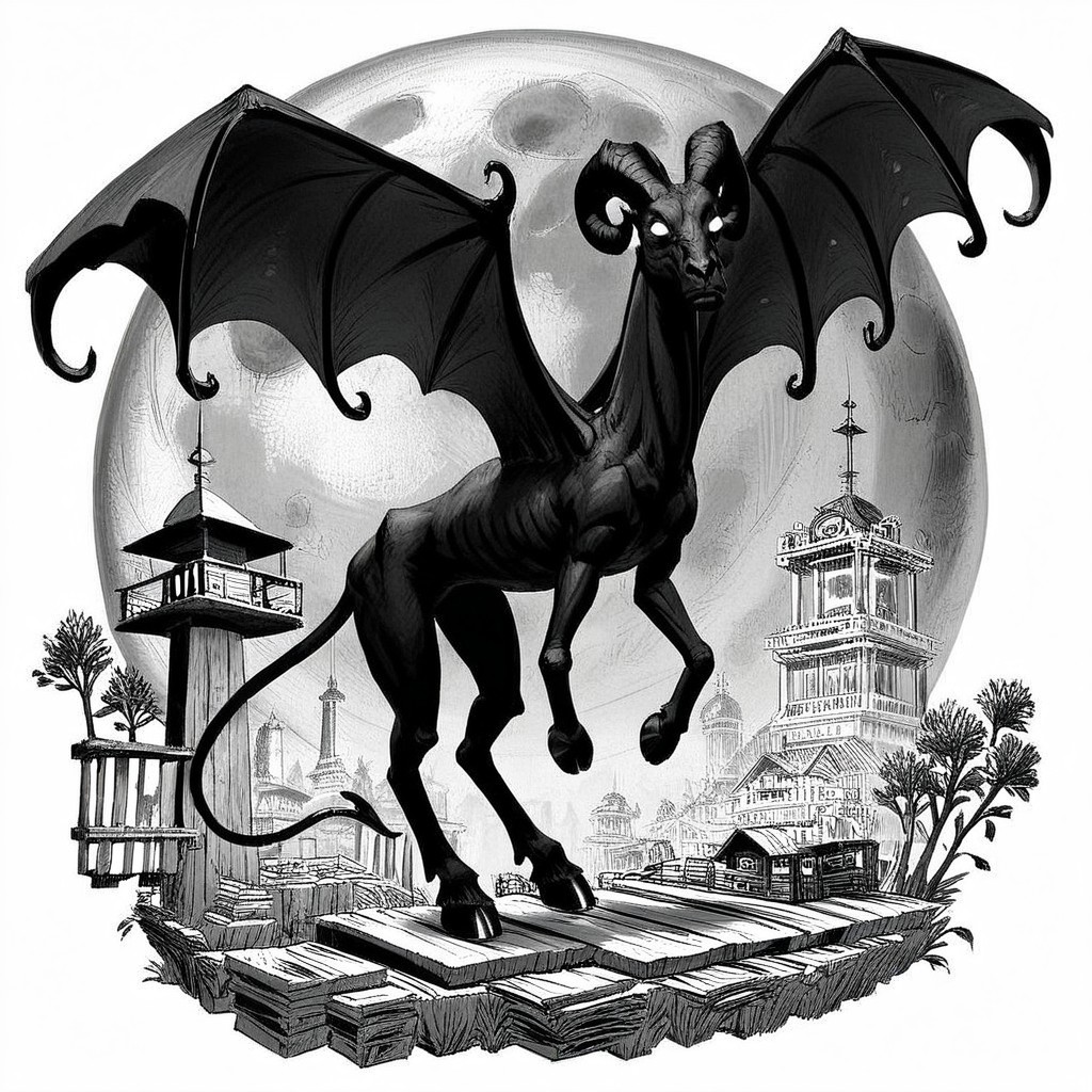 Score_7_up, score_8_up, ,full body, jerseydevil, monster, wings, long tail, full body, curled horns, feral, black skin, blank eyes, white eyes, hooves, farmland, nighttime, full moon, monochrome, black and white