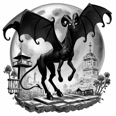 Score_7_up, score_8_up, ,full body, jerseydevil, monster, wings, long tail, full body, curled horns, feral, black skin, blank eyes, white eyes, hooves, farmland, nighttime, full moon, monochrome, black and white