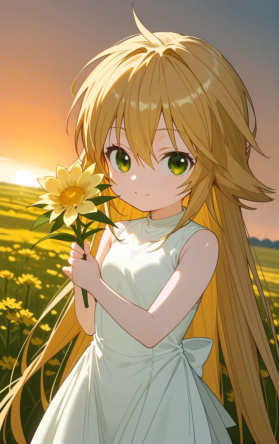 (score_9, score_8_up, score_7_up), looking at viewer, light smile, closed mouth, shiny skin, tight clothes,
ohwx, 1girl, solo, solo_focus, aged_down, child, green_eyes, blonde_hair, long_hair, very_long_hair, hair_between_eyes, small_breasts,
dress, white_dress, sleeveless, sleeveless_dress, bare_shoulders,
sunrise, field, (holding flower:1.5), blurry, upper body, close-up, cowboy shot, dutch angle,
<lora:kusano_pony_ss-000002:1>