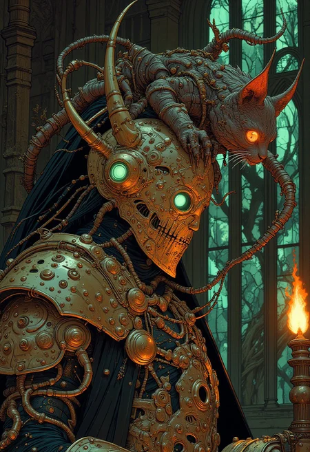 A hyper-stylized midshot portrait of a cursed knight clad in tarnished, blackened steel armor encrusted with writhing golden filigree, shaped like leering demon faces and clawed hands grasping at his form. His helmet is crowned with a twisted, spiked crest, and his visor is slightly lifted, revealing glowing green eyes filled with malevolent wisdom. Perched on his pauldron is a grotesque, bloated one-eyed cat with bat wings and an ever-grinning mouth, purring ominously as its single amber eye scans the room. The background is a crumbling cathedral, its stained glass warped with scenes of madness, illuminated by eerie, flickering green torchlight. The art style blends occult horror with a punky, cartoonish absurdity.