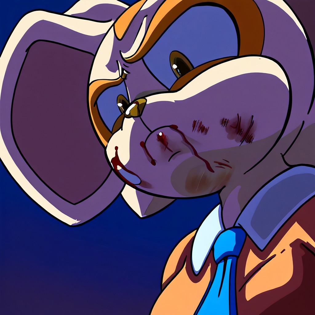 Godissapme,solo,face close up,extreme close-up,frown, sad and angry , looking down, expression, 1 girl, Cream the rabbit, 1girl, solo, anthro, furry, female, injury,bruises, blood,furry,female,animal nose,orange dress,blue necktie, sky background,