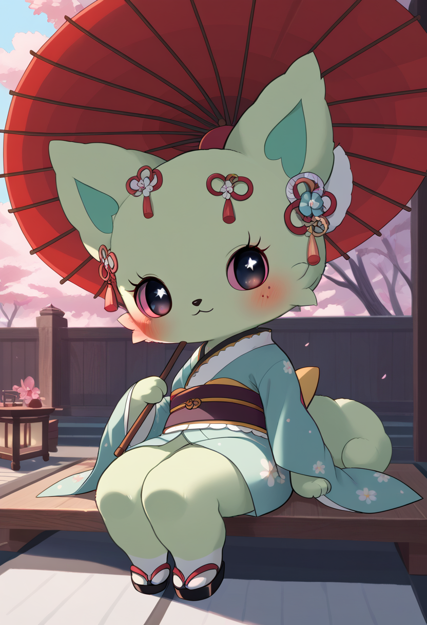 score_9, score_8_up, score_7_up, score_6_up, score_5_up, BREAK
emma, 1girl, japanese clothes, kimono, blush, oil-paper umbrella, :3, holding umbrella, freckles, hair ornament, colored sclera, chibi, feral, furry, looking at viewer, sitting,