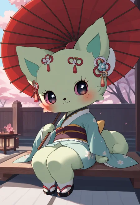 score_9, score_8_up, score_7_up, score_6_up, score_5_up, BREAK
emma, 1girl, japanese clothes, kimono, blush, oil-paper umbrella, :3, holding umbrella, freckles, hair ornament, colored sclera, chibi, feral, furry, looking at viewer, sitting,