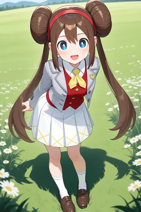 2d, masterpiece, best quality, amazing quality, 1girl, solo, close-up, standing, smile, full body, leaning_forward, looking at viewer, meadow, day, acrosa, def colors, blue eyes, white pupils, brown hair, double bun, twintails, red hairband, light grey jacket, open jacket, white shirt, collared shirt, long sleeves, red vest, buttons, yellow ascot, white skirt, white socks, thighhigs, loafers, brown footwear, pleated skirt, checkered skirt, emblem,,masterpiece,best quality,newest,absurdres,highres,very awa