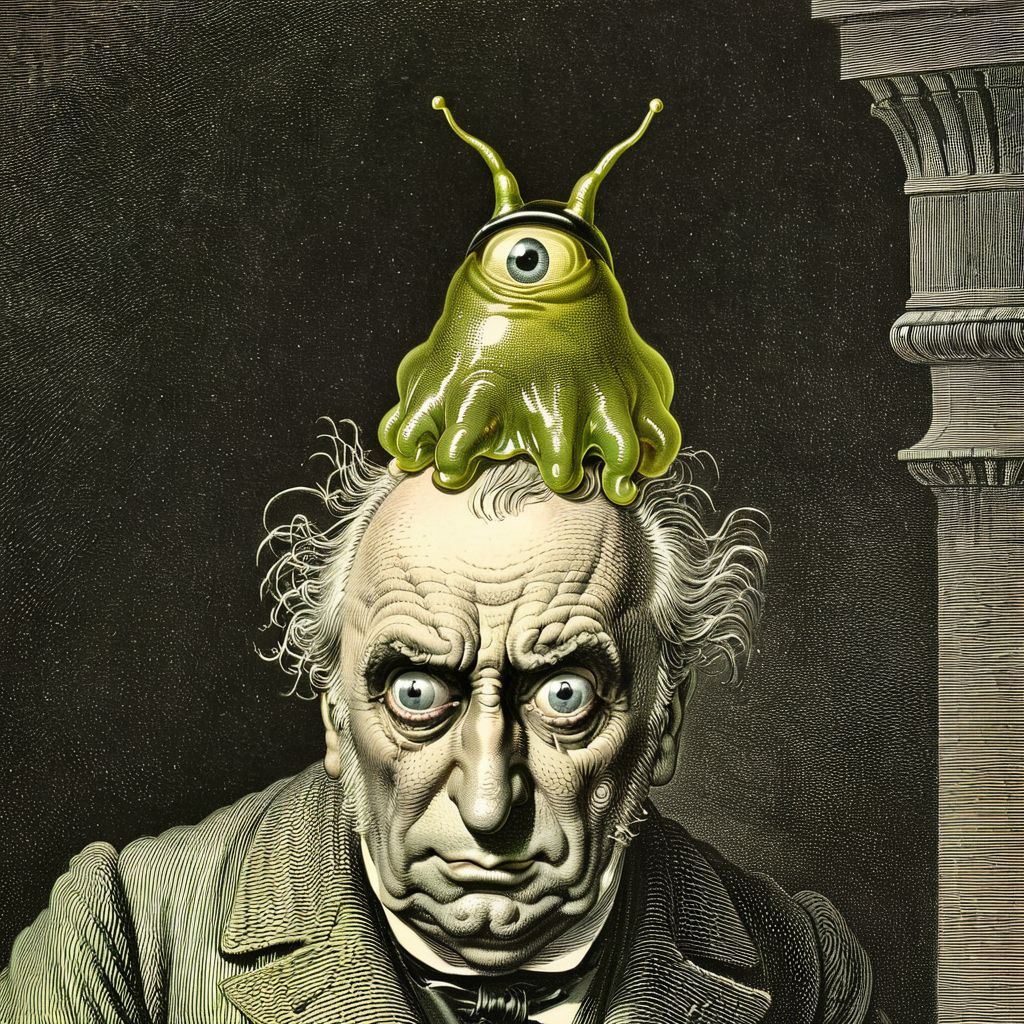 illustration in gustavedore style, by gustave dore, gustavedore detailed style, gustavedore composition style, Mister Sinister   ,  dumbfounded,
person wearing jelly green  (brainslug alien hat:1.2) on head, candid pose,   (cross-eyed:1.5), round iris, Amused face, perfect eyes,
Old drive-in theater  , 
 <lora:BrainSlug_Alien_Hat_XL_V2.2:0.9> <lora:GustaveDore_StyleXLv6.1:0.6>