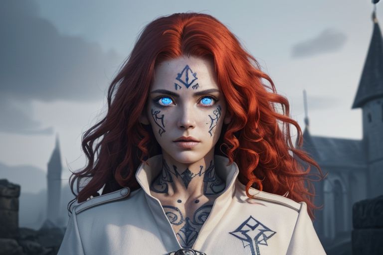 bright red hair, human female, (feminine:1.7), (beautiful face, detailed face:1.6), (beautiful eyes, detailed eyes:1.7), (looking at viewer, eye contact, intense:1.6), (long hair, red hair, curly hair:1.3), , ((masterpiece, best quality, high resolution, realistic, best quality,)), photo realistic, Perfect Face, (detailed face). <lora:GoodHands-vanilla:0.6> <lora:add-detail-xl:0.8>, mage, (Dress White military uniform coat), dagger, rune dagger, glowing runes, , (((glowing magic symbols tattoos, religious tattoos))), ((face tattoos)), glowing tattoos, stone tower in the background