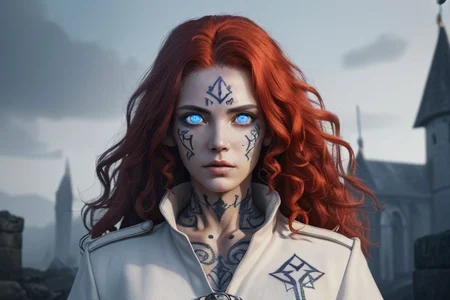 bright red hair, human female, (feminine:1.7), (beautiful face, detailed face:1.6), (beautiful eyes, detailed eyes:1.7), (looking at viewer, eye contact, intense:1.6), (long hair, red hair, curly hair:1.3), , ((masterpiece, best quality, high resolution, realistic, best quality,)), photo realistic, Perfect Face, (detailed face). <lora:GoodHands-vanilla:0.6> <lora:add-detail-xl:0.8>, mage, (Dress White military uniform coat), dagger, rune dagger, glowing runes, , (((glowing magic symbols tattoos, religious tattoos))), ((face tattoos)), glowing tattoos, stone tower in the background