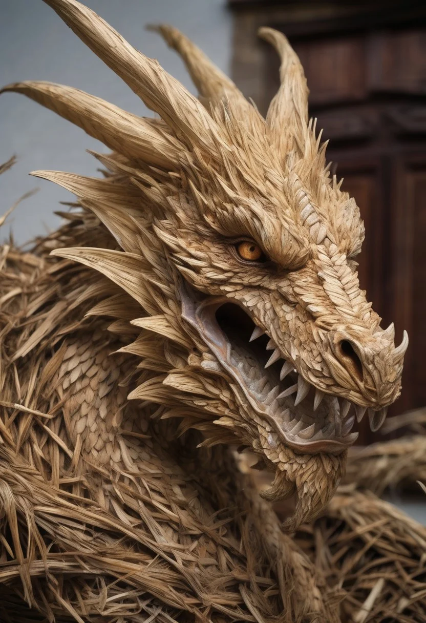 masterpiece, best quality,highly detailed and hyper realistic, (((A fabulous dragon made of straw)))