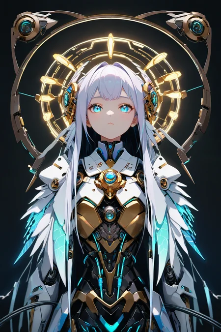 Jed-rbt, seraph, 1girl, cinematic angle, :3, looking at viewer, scifi hair ornaments, energy hair, brooch, mechanical wings, screws, cables, led lights, glowing, Futuristic, chromatic aberration, Kawaii, [(blue-white background:1.2)::0.2], (neon luminescence background:1.2), illustration, incredibly absurdres, ultra detailed, masterpiece, best quality,[<lora:detailed_notrigger:0.95>::0.5], [:<lora:detailed_hands:1.05>:0.5],<lora:RoboStyle:1>