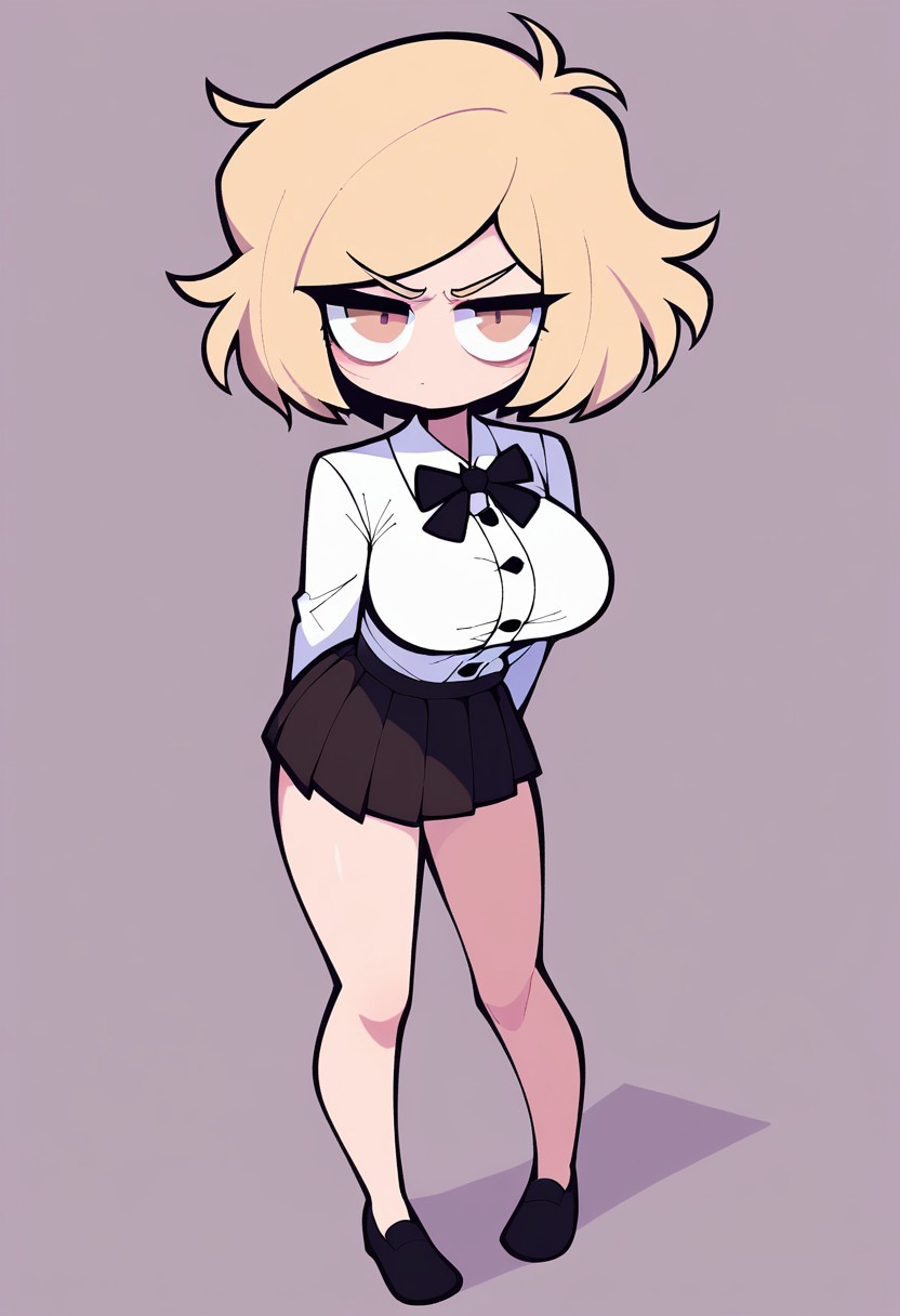 (score_9, c4toony style, cute), blonde hair, bob hair, hazel eyes, short hair, sharp eyes, white button up shirt, neck black bow tie, black pleated mini skirt, large breast, serious, black shoes, standing