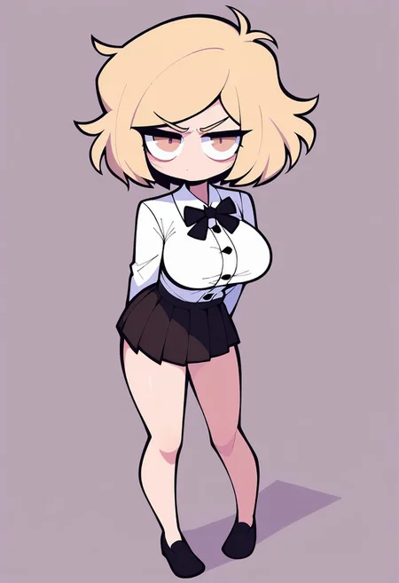 (score_9, c4toony style, cute), blonde hair, bob hair, hazel eyes, short hair, sharp eyes, white button up shirt, neck black bow tie, black pleated mini skirt, large breast, serious, black shoes, standing