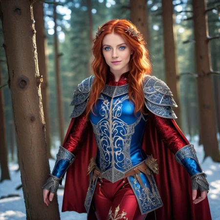 Odessa, masterpiece, highly realistic, 1girl, solo, red hair, long hair, smile, circlet, pants, cape, armor,  closeup,  full body, outdoors, (masterpiece:1.1), (best quality:1.1), 1girl, Real light and shadow, raytracing, 4k, 8k, wallpaper, epic, detail texture, red hair, (blue eyes:1.5), ((((red hair:1.35, medium hair)))), intricate eyes, beautiful detailed eyes, symmetrical eyes, big eyes:1.5, (((lustrous skin:1.5, bright skin:1.5, skin tanned, shiny skin, very shiny skin, shiny body, plastic glitter skin, exaggerated shiny skin, illuminated skin))), (detailed body,(detailed face)), cute, erotic, daring, (((medieval armor, adventurer man armor,winter coat))), (((intricate outfit, intricate clothes, embroidered outfit, ornate outfit, embroidered clothes, ornate armor))), (dynamic pose:1.0), happy, smile, (centered, scale to fit dimensions, Rule of thirds), ((snowy pine forest at night)), with dark stormy clouds, winter, scenery:1.25, ((snow forest background)), Christmas tree, highres, sharp focus, (ultra detailed, extremely detailed), (photorealistic),(extremely detailed CG unity 8k wallpaper), (((vibrant colors, vibrant theme))), (intricate), (masterpiece),(best quality), lean on table, lace dress, Princess Eilonwy,