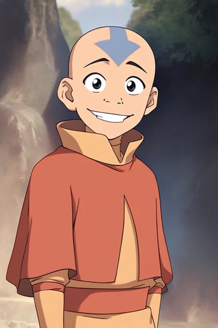 score_9, score_8_up, score_7_up, <lora:Aang:0.8>, 1boy, solo, aang, air nation clothing, bald, blue tattoo, black eyes, smile, teeth, cowboy shot, outdoors, looking at viewer