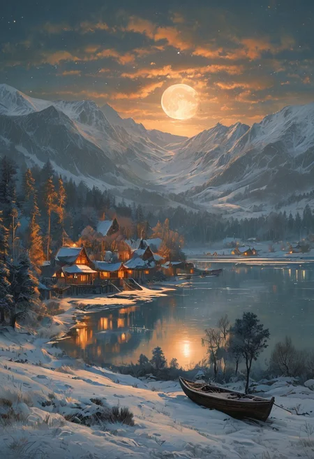 A captivating night scene illustration featuring a grand WOODEN one story viking longhouse with a great thatched roof standing tall on a large snowy hill overlooking a lake. The beautiful viking longhouse adorned with some windows, emits a warm glow, highlighting its incredible craftsmanship. The snowy  hill is covered in great pine trees, reflecting on the calm, moonlit snow  that mirrors the silvery moonlight. The full moon graces the sky, casting an ethereal glow on the clouds and mountain, while wispy clouds partially obscure its brilliance, adding to the scene's mystique. Twinkling stars dot the sky, creating a celestial tapestry that harmonizes with the moon's radiance. This enchanting artwork captures a serene and peaceful night, where the illuminated WOODEN viking longhouse stands resolute amidst the celestial beauty, creating a cinematic experience., illustration, cinematic
<lora:DonM3t3rn1tyXL-v1.1:0.7>, DonM3t3rn1tyXL,
OverallDetailXL  <lora:MJ52:0.3>  <lora:SDXLFaeTastic2400:0.4>  <lora:EpicF4nta5yXL:0.7>