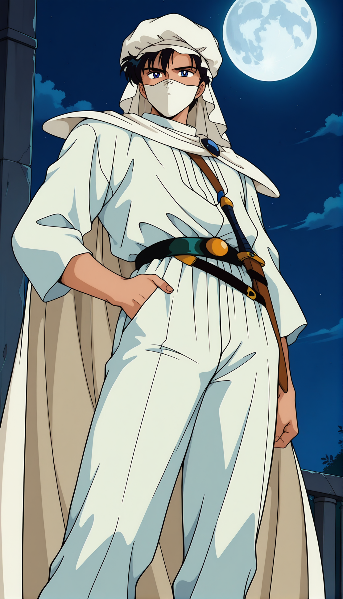 masterpiece,best quality,amazing quality,moonlightknight ill,1990s \(style\),1boy,solo,blue eyes,black hair,mouth mask,cape,white headwear,white cape,white clothes,knife,weapon,hat,standing,turban,hand in pocket,belt,sheath,hand on own hip,retro artstyle,night,moon,<lora:chibamamoru ill:0.8>,