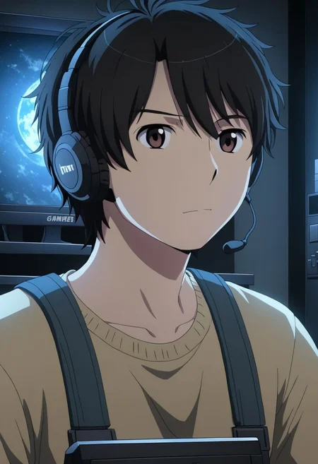 high resolution, solo, best quality, 1Boy, Inaho Kaizuka, Black Hair, Brown Eyes, gamer, bedroom, night, pc, sit, headset, potrait, OverallDetail
