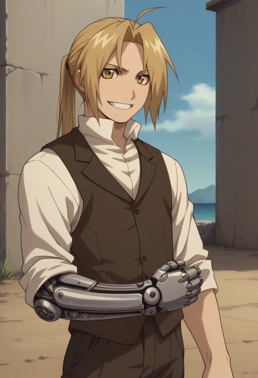 score_9, score_8_up, score_7_up, source_anime, highly detailed, 

edwardelric, 1boy, solo, blonde hair, male focus, yellow eyes, ponytail, pants, ahoge, shirt, long hair, white shirt, vest, upper body,
mechanical arms, single mechanical arm,

upper body, slender, skinny, big smile, grin,

outdoor, fighting stance