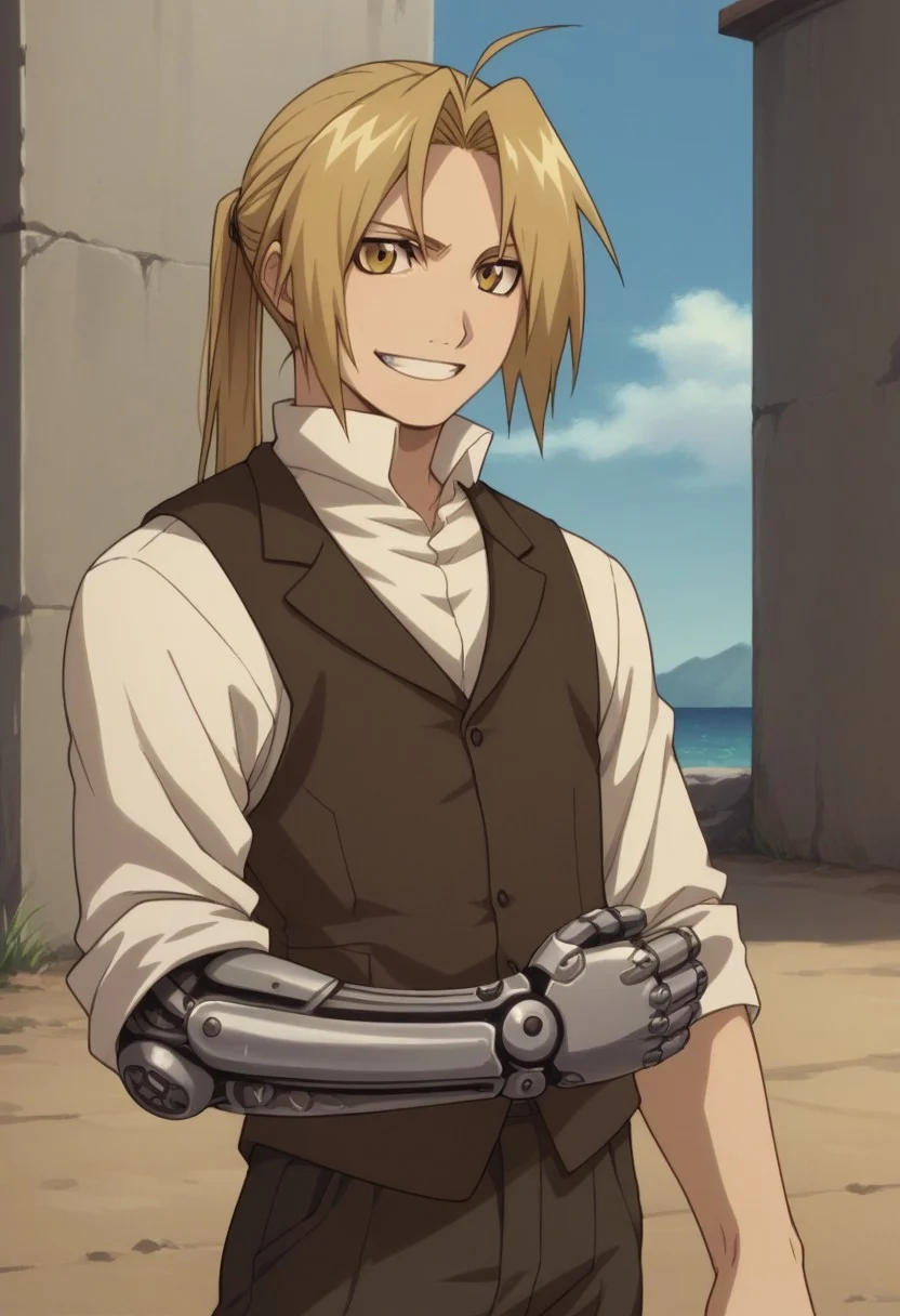 score_9, score_8_up, score_7_up, source_anime, highly detailed, 

edwardelric, 1boy, solo, blonde hair, male focus, yellow eyes, ponytail, pants, ahoge, shirt, long hair, white shirt, vest, upper body,
mechanical arms, single mechanical arm,

upper body, slender, skinny, big smile, grin,

outdoor, fighting stance