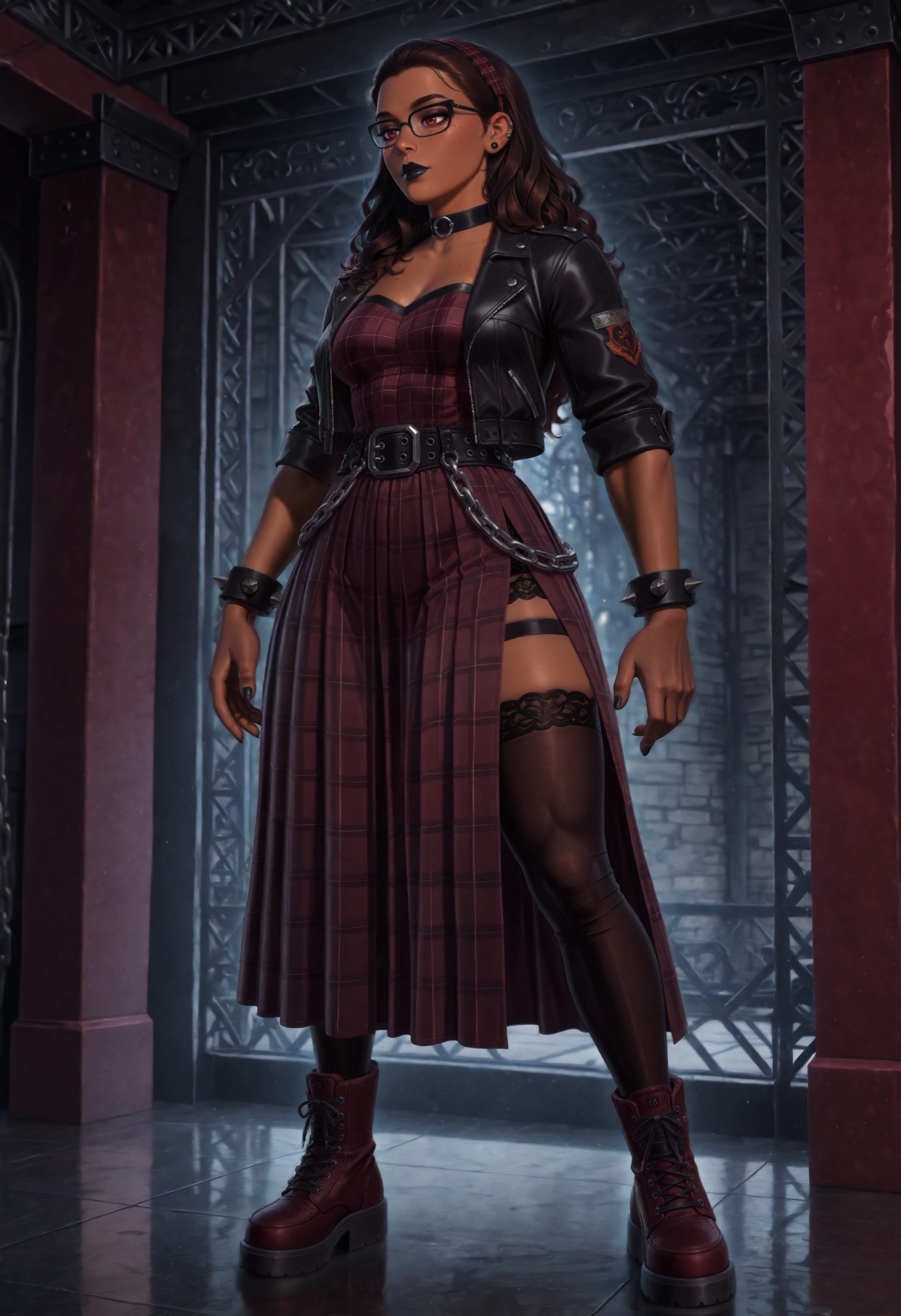 solo, realistic, masterpiece, volumetric lighting, full body, 

CamilaNocedaIL, dark skin, muscular, (chubby:0.7), dark brown hair, long wavy hair slicked back, glowing dark red eyes, (freckles:0.75), eyelashes, dark makeup, black lips, 

(dual slit:1.1) (long:1.05) skirt, black lace, lace underwear, maroon plaid hairband, black glasses, jewelry, ear piercing, choker, flight jacket, black open jacket, maroon plaid dress, medium breasts, black nails, chain, sheer thighhighs, dark maroon boots, black bootlaces, 