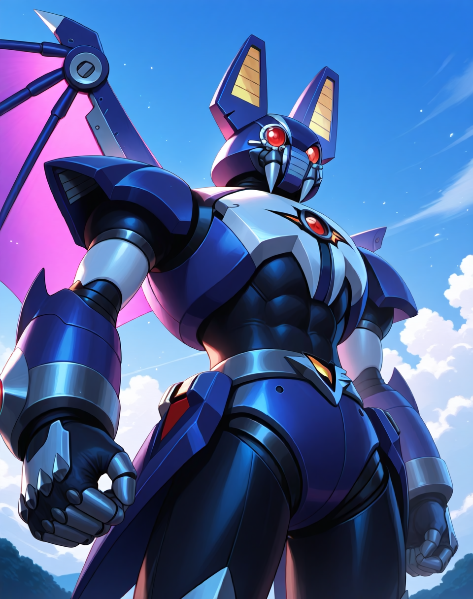 <lora:Dark_Necrobat_(Mega_Man_X)_(Illustrious)_(AD):1> Dark Necrobat, reploid, MMX, 
exterior, blue sky with clouds,
male focus, intense shadows, dynamic shadows, intricate details, attention to details, gradient coloring, bright vivid colors, robot, abs, 
BREAK very awe, masterpiece, best quality, amazing quality, very aesthetic, highres, absurdres, photographic realism, 8K CGI render, 
EZRealPONYXL, zPDXL, Smooth Quality, lazynsfw,