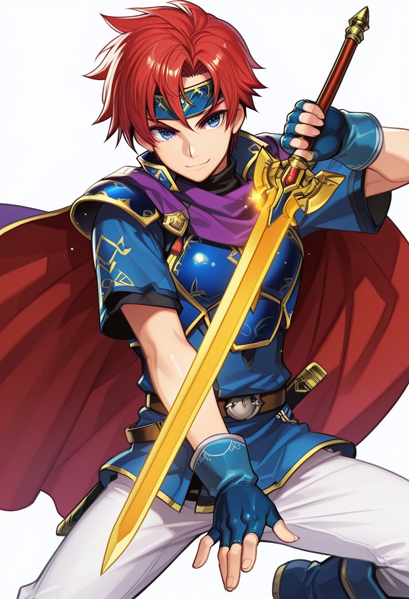 [#👦;♞]side_light,4k,(masterpiece:1.4),(best quality:1.4),(high resolution:1.4),Ultra HD, HDR,(hyperdetailed),smooth lighting,source_anime,very aesthetic,intricate details,intense,highres,vibrant colors,detailed_shadows,detailed_reflections,high-quality textures,depth of field,good shading,studio quality,epic lighting,digital illustration,path_tracing,rtx_on_styled_lighting_and_reflections,<lora:add-detail-xl:1>,looking at viewer,unblurred,perfect composition,intricate details,incredibly absurdres
BREAK [ONLY1boy,solo,character focus,male,18 year old,super smash bros. melee,r0y,\(Nintendo©\),Fire emblem (series),show accurate proportions,"crimson hair,short hair,redhead,SHORT-SPIKED hair,flowing hair",(shiny skin),"half-closed eyes,detailed eyes,symmetrical eyes,perfect eyes,glowing eye,glowing eye trails,(blue eyes:1.5),detailed eyes",soul,emotions,ALIVE,smile,(perfect hands,fingerless gloves,blue gloves,hands,perfect fingers,perfectly anatomy,detailed anatomy,correct anatomy),"black undershirt,short sleeves,bare shoulders",blue boots,"two-tone cape,purple-red cape,purple scarf",brown belt,"BLUE HANDBAND,blue chest plate,blue armor,metallic reflection,shiny,glossy",blue tunic,white pants,SFW]
BREAK action pose,fighting stance,"holding weapon,🗡️,holding sword,sword in hand,holding Sword of Seals,magical sword,slashing,glowing blade,red flames,glowing flame,glowing energy,(glowing particles:1.3),🔥,blazing sword"
BREAK simple background,white background
