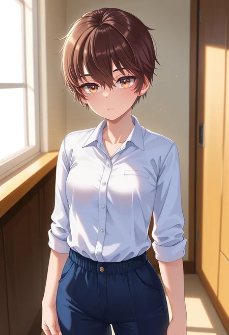 masterpiece, best quality, amazing quality, absurdres, 1girl, solo, cowboy shot, asumaww, tomboy, brown eyes, brown hair, short hair, hair between eyes, small breasts, collared shirt, pants, looking at viewer, expressionless, indoors, day, skindentation, detailed clothing folds, depth of field, sharp, high contrast, dynamic light <lora:Hishikawa_Asuma_Spirited_Girl_ill:0.9>