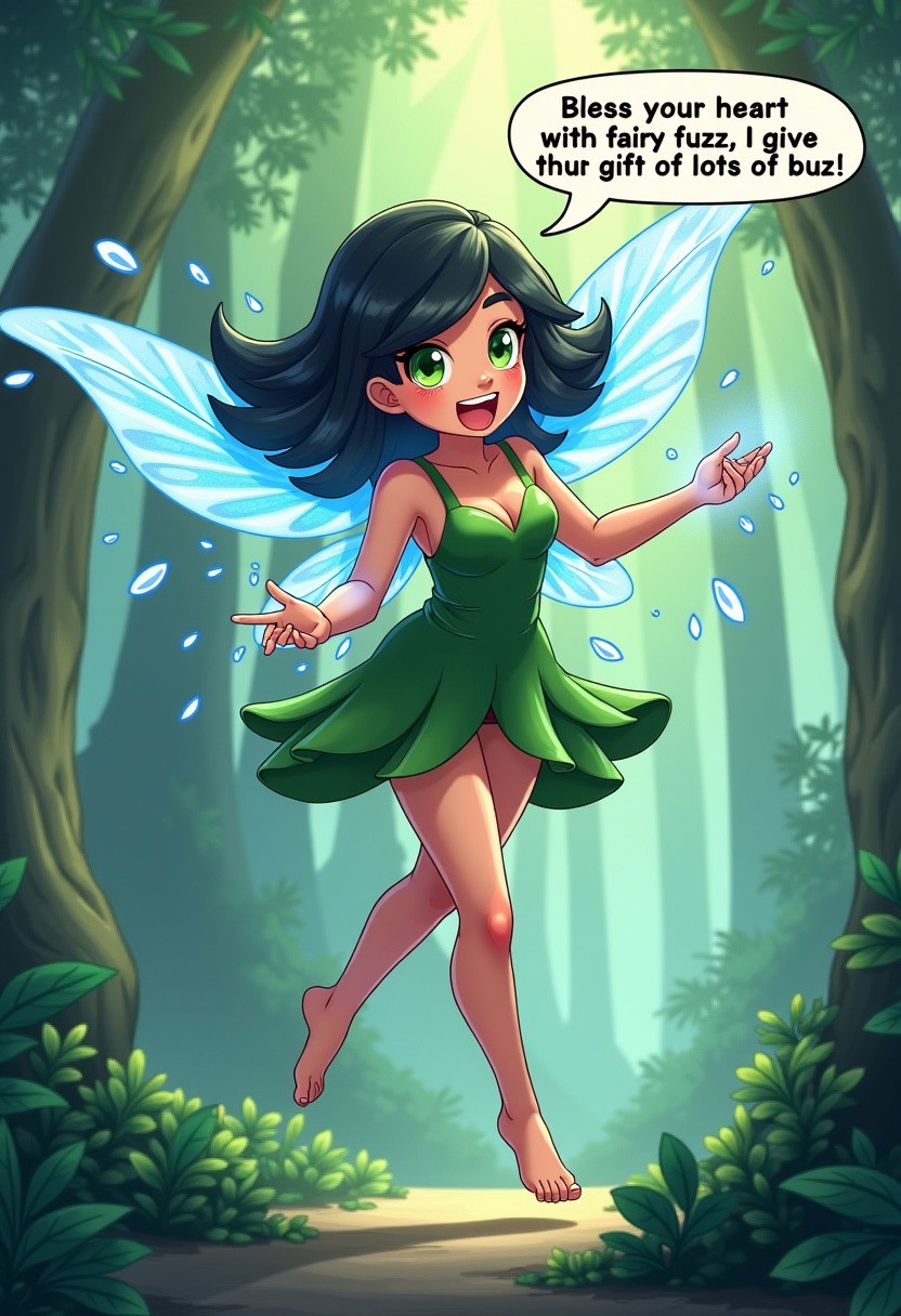 beautiful aesthetic, 1girl, (Crysta \(Fern Gully\) Fairy, Wings, Black hair), long lashes, excited face, flying, splayed hands, blue magic coming out of hands, leaning forward, green eyes, beautiful legs, (skinny thighs), wet shiny skin, small hips, (small round ass), blush, bloom, ancient forest background, vibrant background, (((with a speech bubble on top with the exact text "Bless your heart with fairy fuzz, I give the gift of lots of buzz!". The text should exactly be "Bless your heart with fairy fuzz, I give the gift of lots of buzz!", with no spelling mistakes, text is legible and clear)))