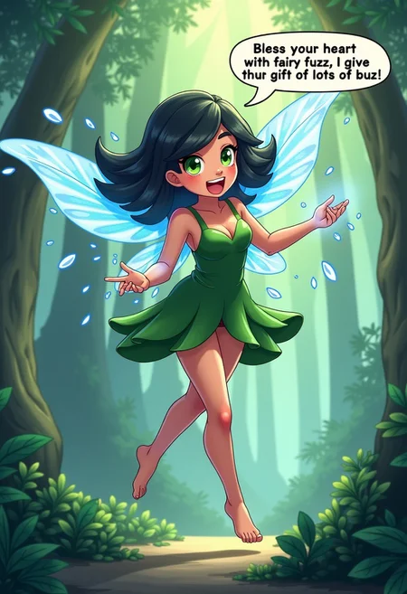 beautiful aesthetic, 1girl, (Crysta \(Fern Gully\) Fairy, Wings, Black hair), long lashes, excited face, flying, splayed hands, blue magic coming out of hands, leaning forward, green eyes, beautiful legs, (skinny thighs), wet shiny skin, small hips, (small round ass), blush, bloom, ancient forest background, vibrant background, (((with a speech bubble on top with the exact text "Bless your heart with fairy fuzz, I give the gift of lots of buzz!". The text should exactly be "Bless your heart with fairy fuzz, I give the gift of lots of buzz!", with no spelling mistakes, text is legible and clear)))