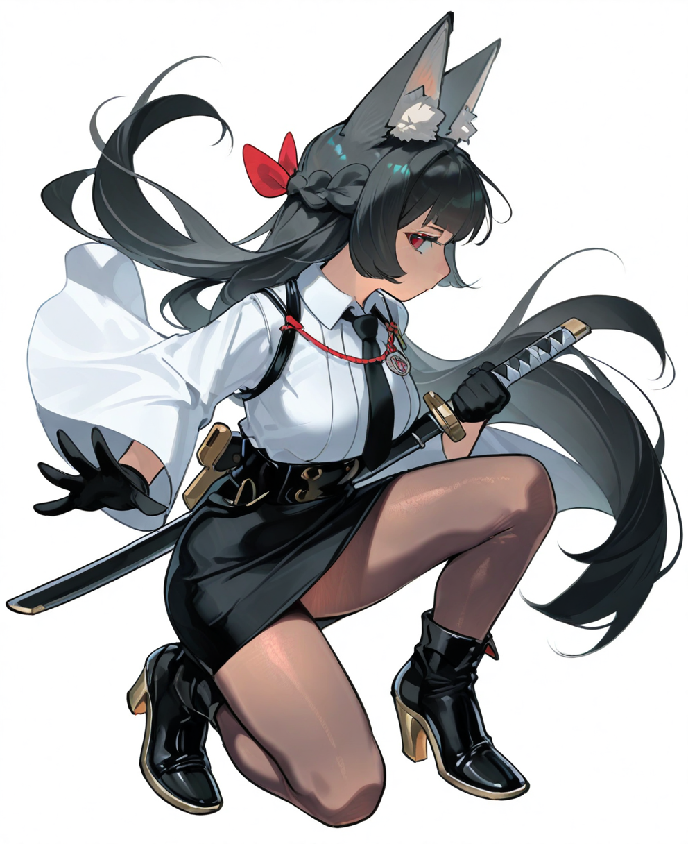 <lora:bea_lenoir:1> bea_lenoir,
(masterpiece), (best quality), (ultra-detailed), amazing quality, very aesthetic, illustration, perfect composition, intricate details, absurdres, incredibly absurdres, shiny skin, realistic,
 bea_lenoir, 1girl, animal ears, weapon, skirt, red eyes, solo, black hair, black footwear, sword, black skirt, brown pantyhose, katana, animal ear fluff, pantyhose, shirt, collared shirt, long hair, white shirt, ,  weapon,  sword, black necktie, white background, on one knee, full body, necktie, fox ears, closed mouth, simple background, gloves, high heels, looking at viewer, black gloves, braid, very long hair, boots, long sleeves, wide sleeves, open clothes, sheath, pencil skirt, fox girl, profile, sensitive