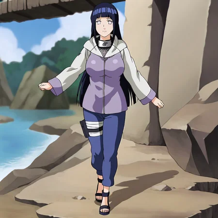 <lora:hinata_pony_v1:.8> Hinata, hyuuga hinata, 1girl, long hair, large breasts, black hair, konohagakure symbol, long sleeves, white eyes, forehead protector, blunt bangs, hood, jackets, sandals, pants, cowboy shot